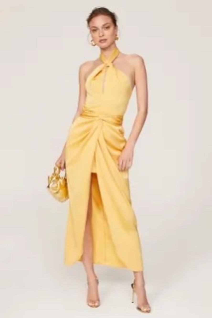 Elle Zeitoune Kelsie Yellow Satin Halter Neck Draped Sleeveless Dress Size Large